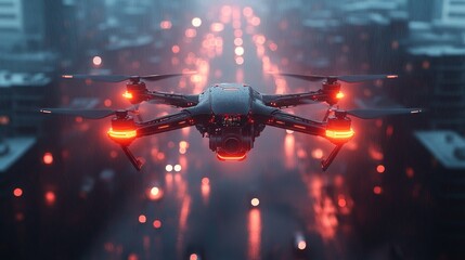 Monitoring systems adjust urban landscapes using drone technology in a nighttime city