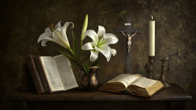 Un altar con una biblia abierta, lirios frescos, una vela encendida y un crucifijo, representando una escena de paz y devoci&oacute;n religiosa.