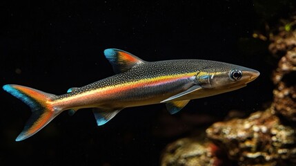 Rainbow Shark: A Rainbow Shark with a dark body and colorful fins