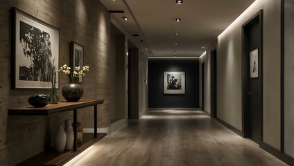 Clean hallway with subtle lighting and modern artwork.