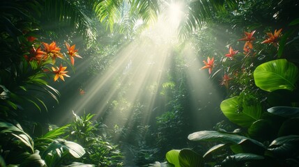 Obraz premium Sunbeams Illuminating a Lush Tropical Forest with Orange Flowers