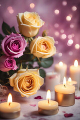 Concept Valentine's Day wallpapers with yellow and magenta roses is surrounded by candles.