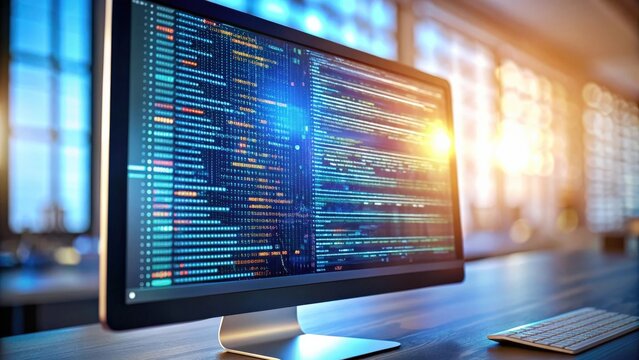 A detailed close-up of a computer monitor displaying various programming code and digital data, technology, internet