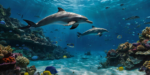 Obraz premium Under the Sea with Beautiful Nature - Vibrant Marine Life and Ocean Scenery Illustration