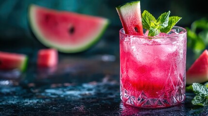 Watermelon mojito with watermelon chunks and a vibrant pink color, garnished with a small watermelon wedge.