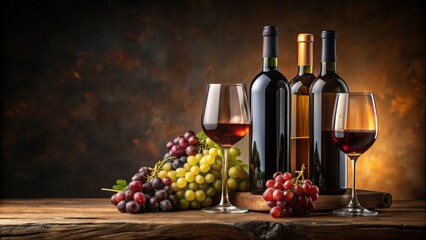 Obraz premium Muted, elegant wine still life with bottles, glasses, and grapes, wine, still life, background, elegant, muted, bottles