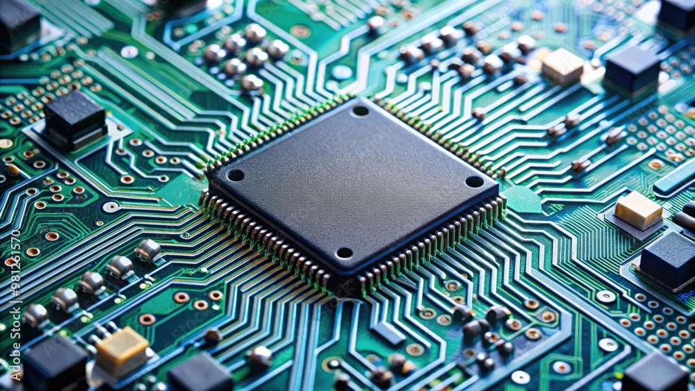 Poster close up of an integrated microchip with circuitry and connections, technology, computer, hardware, 