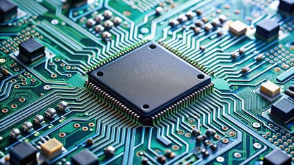Close up of an integrated microchip with circuitry and connections, technology, computer, hardware, electronic