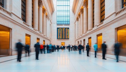 Fototapeta premium A bustling scene inside a grand hall, capturing the motion of people against elegant architecture and vast open space.