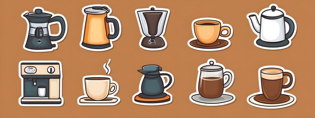 Sticker vector image of a coffee maker, with various types and styles of coffee brewing equipment on a brown background. Vector illustration, in a cartoon style for stickers or label design