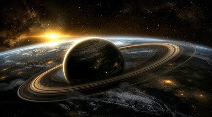 Realistic Planet with Rings Orbiting Earth