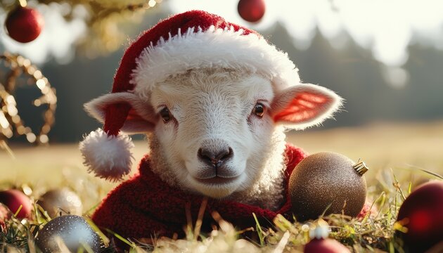 A fluffy lamb wearing a Santa hat and red coat, contentedly munching on grass in a sunlit field, while festive garlands and ornaments hang from nearby branches.