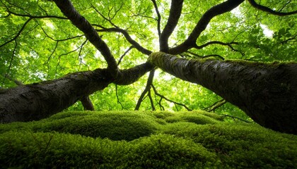 Fototapeta premium A forest floor carpeted with moss, with twisted branches overhead and sunlight streaming through the thick canopy of leaves, creating a calming vibe.