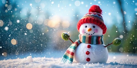 Fototapeta premium Adorable snowman wearing a festive hat and scarf with Christmas decorations in a snowy setting, Snowman, festive, Christmas