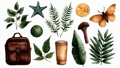 A collection of hand-painted nature elements including leaves, butterflies, and a backpack, perfect for artistic projects.
