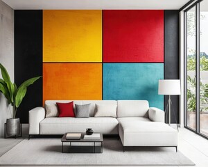 Contemporary living room with bold, colorful abstract accent wall and sleek furniture, modern design, open floor plan