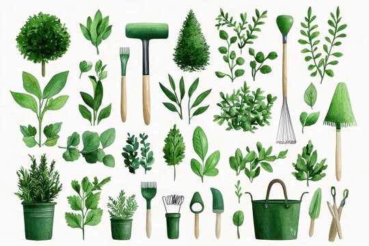 A collection of green leaves, plants, and gardening tools, perfect for nature lovers and gardening enthusiasts.