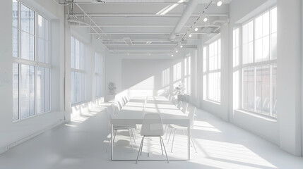 Empty bright white conference room in an industrial coworking space