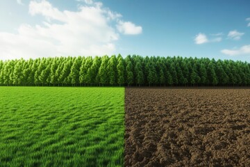 Forest transitioning from lush green to dry desert, illustrating deforestation and environmental degradation