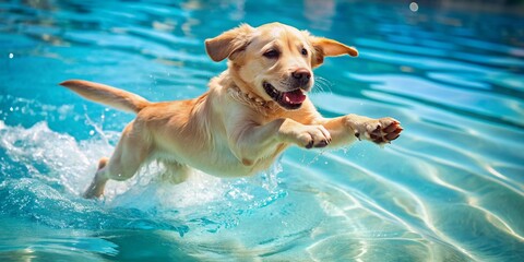 Adorable golden labrador retriever puppy swims, jumps, and dives in outdoor pool, showcasing carefree summer fun and playful canine energy in crystal-clear water.