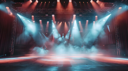 Empty concert stage with illuminated spotlights and smoke. Stage background with copy space.