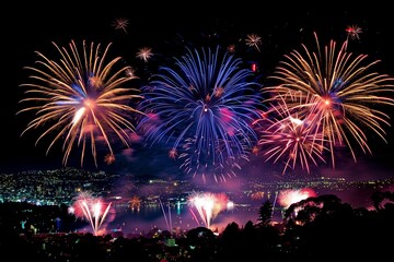 Obraz premium A fireworks display is lit up in the night sky