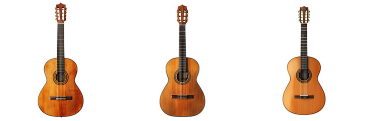 Fototapeta premium A realistic guitar with visible strings musical instrument wood detail isolated on white and transparent background