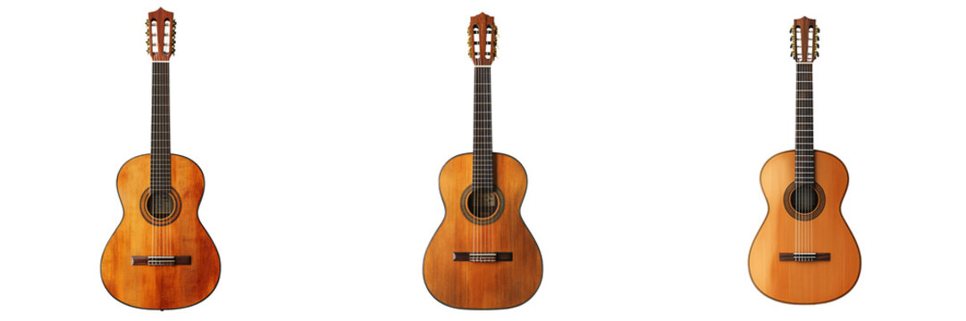 A realistic guitar with visible strings musical instrument wood detail isolated on white and transparent background