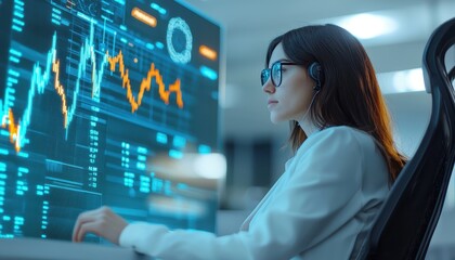 A focused professional analyzing data on a digital screen in a modern office. Technology and finance concepts come to life.