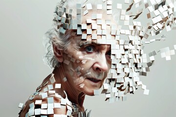 Abstract digital art depicting an elderly person with a fragmented face, symbolizing aging, memory loss, and digital transformation