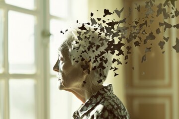Elderly woman's profile with butterflies dissolving her head, symbolizing memory loss. Soft lighting, muted colors. Artistic portrayal of aging and dementia