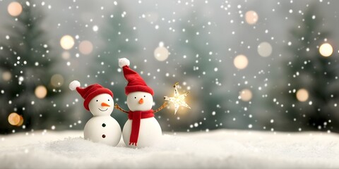 Fototapeta premium Magical Snowman Duo Illuminating the Snowy Christmas Wonderland with Twinkling Orbs and Festive Cheer