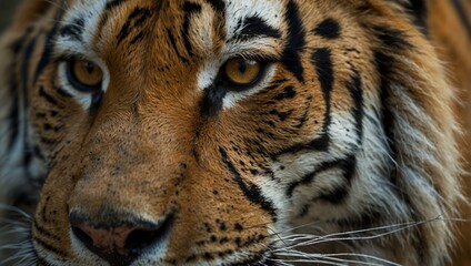 Close-up of a tiger’s face with intense gaze.