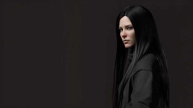 Portrait of Woman with Long Black Hair in Dark Outfit Against Plain Background &ndash; Studio Photography. Generative AI