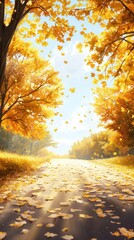 A serene autumn scene featuring a leaf-covered road surrounded by vibrant golden trees.