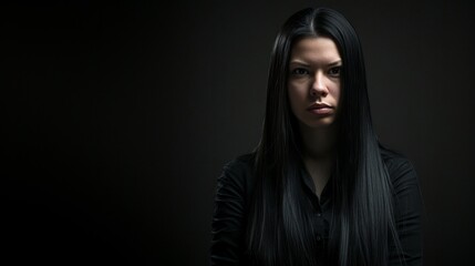 Portrait of a Woman with Long Black Hair in a Serious Pose Against a Dark Background, Dramatic Photography Style. Generative AI