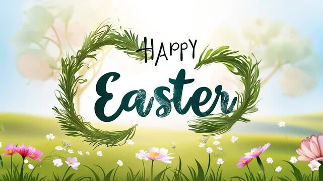 Spring landscape with green meadow, blooming flowers and bokeh. A green leafy wreath is forming progressively, revealing the words happy easter