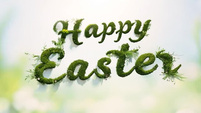 Grass and flowers are growing to form the lettering happy easter on a white background with a blurred meadow in the background