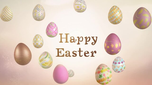 Colorful, decorated easter eggs are slowly falling against a light pink and yellow background with the text happy easter