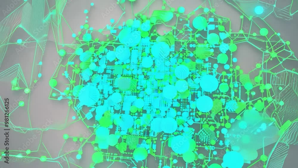 Poster complex structure with glowing elements is growing and connecting, symbolizing concepts like network