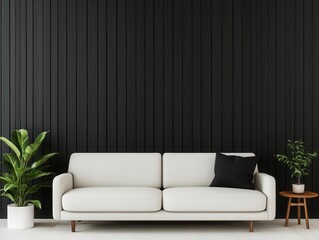 Contemporary living room with an accent wall of black wood panels, minimalist furniture, and moody lighting, modern interior, open dark theme