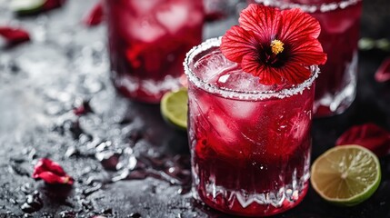 Hibiscus margarita with a deep red color and a hibiscus flower garnish.