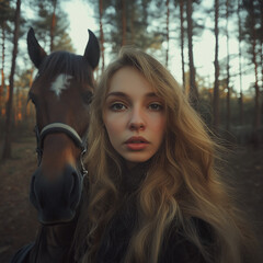 Obraz premium Portrait of a girl on a horse, surrealism style, looking straight into the camera, AFTERGLOW, Color-Gel, forest in the background, palette of a forest fairy tale, mysterious mood