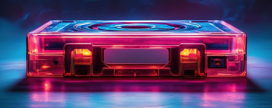 A vibrant, transparent cassette tape in neon colors, set against a glowing blue background, reflecting nostalgia and retro style.