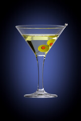 Glass with cocktail on accent gradient background. Bar theme. Beverage with olives. 3d rendering.
