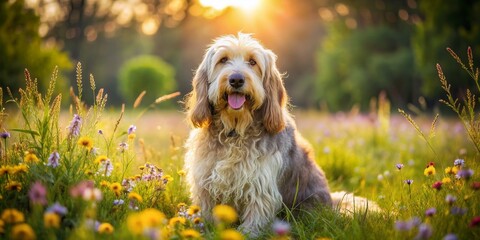A serene Otterhound dog sits peacefully in a vibrant meadow, surrounded by a kaleidoscope of wildflowers and lush green grass, basking in warm sunny light.