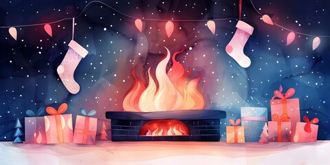 Watercolor Fireplace with Holographic Flames and Shimmering