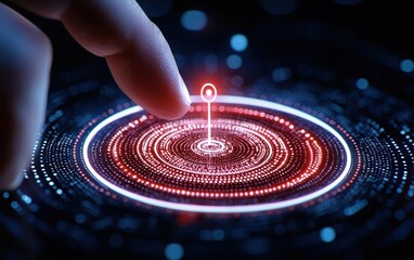 A close-up of a finger touching a glowing digital map point surrounded by circular light patterns, symbolizing technology and connectivity.
