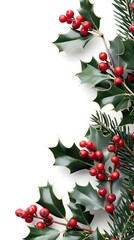 Watercolor Holly Branches with Bright Red Berries in Festive Holiday