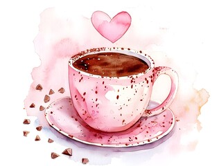 Watercolor Styled Cocoa Beverage with Heart Shaped Foam on Ceramic Mug